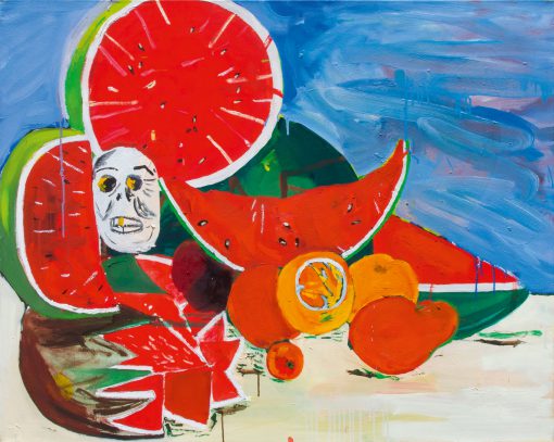 Ölbild mit Wassermelonen und Totenkopf