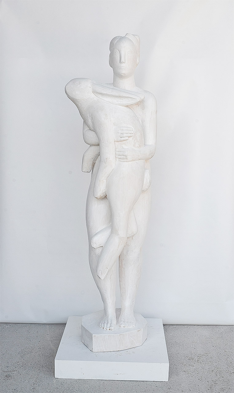 weiße Skulptur, Frau mit Hase
