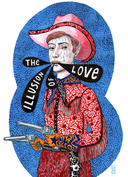 Zeichnung eines Cowboys, mit dem Schriftzug the Illusion of love