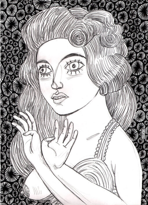 Zeichnung einer Frau mit lockigem Haar