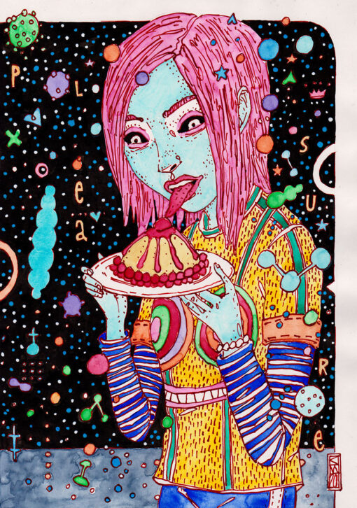 Zeichnung einer jungen Frau mit pinken Haaren die einen Kuchen ist mit rausgestreckter Zunge
