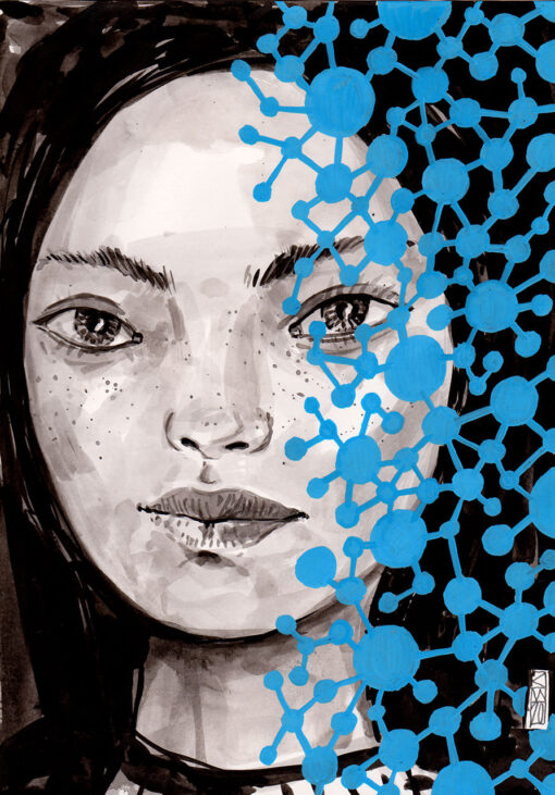 Portrait einer jungen Frau, deren linke Gesichthälfte hinter einer blauen Rasterung versteckt ist