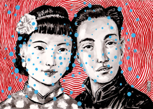 Schwarz-Weiß Zeichnungen eines asiatischen Paares vor rotem Hintergrund