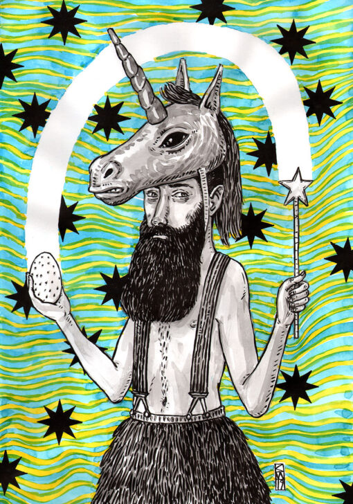 Zeichnung eines Mannes mit Bart, der eine Einhornmaske auf dem Kopf trägt und mit Lichtstrahlen jongliert